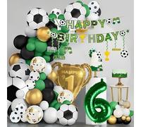 Decoracion Cumpleaños Futbol Niños 6 años. Globos Futbol 6 años. Decoración Fútbol 6 Años con Trofeo Dorado Champion y Banner HAPPY BIRTHDAY. 142 pcs Set de Globos Cumpleaños Fútbol para Niñas y Niños