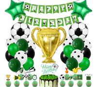 Decoración Cumpleaños Fútbol XXL Trofeo Campeón, Globos Verde Negro con Happy Birthday Bandera, Fiesta Deportiva