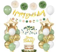 Decoracion Cumpleaños Globos Oro Verde, Guirnalda Happy Birthday, Pompones Globos Confeti Decoración Tartas para Niños Niñas Mujeres y Hombres Cumpleaños Fiesta