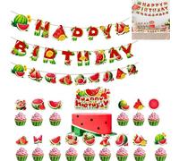 Decoración cumpleaños hawaiana 18 piezas para fiesta tropical de verano - kit con guirnalda, banner, toppers para cupcakes y tarta - diseño frutas exóticas para eventos infantiles y adultos