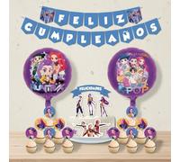 Decoración Cumpleaños Huuntriixxx - 2 Banderines, 1 Cake Topper, 12 Toppers, 2 Globos Foil - Diseño para Fiestas Infantiles (Pack 1)