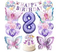Decoracion Cumpleaños Mariposa 8 Años, XXL Globos Mariposa, Globos de Cumpleaños Mariposas 8 Años con Happy Birthday Bandera, para Niña Fiesta Mariposas