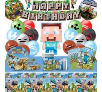Decoración Cumpleaños Mine-Craft, 63 Pcs Juego de Vajilla de Fiesta de Miner TemáTica, Vajilla de Miner Cumpleaños Infantil Incluir Banner, Globos, Vasos, Servilletas, Manteles, Platos de Papel