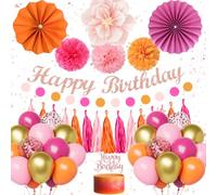 Decoración Cumpleaños Mujer Globos de Cumpleaños Rosa y Naranja, Happy Birthday Guirnalda, Pompones y Abanicos de Papel Decoracion para 16 18 21 30 40 Niña Mujer