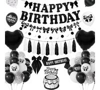 Decoracion Cumpleaños Mujer Niña, Lazo Decoraciones para Fiesta de Cumpleaños Negro, Globos Negro y Blanco, Feliz Cumpleaño Decoración, Topper Tarta, Globos de Cumpleaño Lazos Party Deco