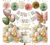 Decoracion Cumpleaños Niña Chica Mujer, Globos de Cumpleaños Rosa y Verde Vintage, Happy Birthday Decoracion, Globos Cumpleaños de Mariposa y Corazón,Decoracion Fiesta para Baby Shower