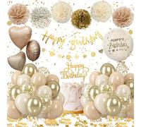 Decoracion Cumpleaños Niñas Mujer, Globos de Cumpleaños Beige y Dorado con Banderín Happy Birthday, Globo de Aluminio Corazón, Pompones de Papel, Decoración de Cumpleaños para Bebés, Niños y Hombres