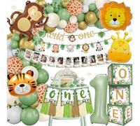 Decoración Cumpleaños Niño 1 Año,Jungla Fiesta de Primera Cumpleaño con Globos Animales de la Selva de safari,Pancarta con Foto,Pancarta para Trona Caja de Globos,Globos de Cumpleaños 1 año Niño