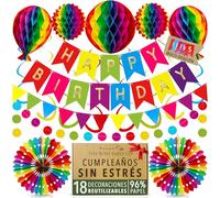 Decoracion Cumpleaños Premium Reutilizable Multicolor - Guirnalda Cumpleaños, Pompones de Colores, Pancarta Happy Birthday, Banderines y Serpentinas de Papel Para Niños, Niñas y Adultos