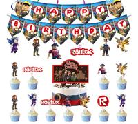Decoracion Cumpleaños Roblox, 46 Pcs Fiestas de Cumpleaños Set, Roblox Decoracion Tarta Cupcakes Toppers, Feliz Cumpleañs del Pancarta, Decoracións de Cumpleaño Fiesta Para Niños
