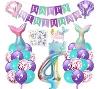 Decoración cumpleaños sirena 4 años, globo infantil niña, fiesta temática sirena ambientada con globo foil, guirnalda feliz cumpleaños, topper tarta y tatuajes