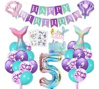 Decoración Cumpleaños Sirena 5 Años, Globo Infantil Niña, Fiesta Temática Sirena Ambientada con Globo Foil, Guirnalda Feliz Cumpleaños, Topper Tarta y Tatuajes