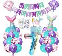 Decoración cumpleaños sirena 7 años, globo infantil niña, fiesta temática sirena ambientada con globo foil, guirnalda feliz cumpleaños, topper tarta y tatuajes