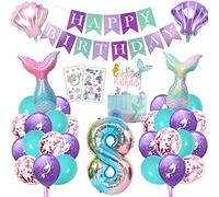 Decoración cumpleaños sirena 8 años, globo infantil niña, fiesta temática sirena ambientada con globo foil, guirnalda feliz cumpleaños, topper tarta y tatuajes