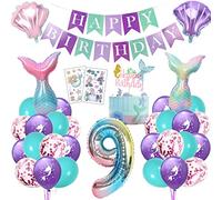 Decoración cumpleaños sirena 9 años, globo infantil niña, fiesta temática sirena ambientada con globo foil, guirnalda feliz cumpleaños, topper tarta y tatuajes