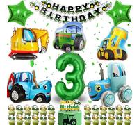 Decoración Cumpleaños Tractor para Niño 3 Años, XXL Globos de Aluminio de Tractor y Excavadora, Decoración para Fiesta Cumpleaños Infantil 3 Años, Guirnalda Happy Birthday