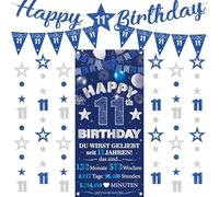 Decoración de 11 cumpleaños para niña y niño - 9 unidades azul plata Happy 11th Birthday Background banderas triangulares número 11 círculo punto Twinkle Star Garland para él 11 años decoración de