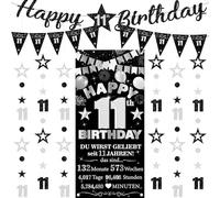 Decoración de 11 cumpleaños para niña y niño - 9 unidades negro plata Happy 11th Birthday Background banderas triangulares número 11 círculo punto Twinkle Star Garland para él 11 años decoración de
