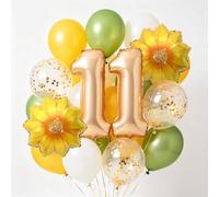Decoración de 11 cumpleaños para niño y niña, 11 años, globos de girasoles, color champán, dorado, 11 láminas, globos verdes, amarillos, decoración de cumpleaños para 11 años (11)