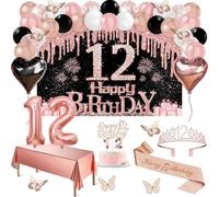 Decoración de 12 cumpleaños para niña, 49 unidades Black Rose Gold Black Happy 12th Birthday Banner, mantel, decoración de mariposas, corbata y tiara, decoración de tartas, arco de globos