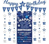 Decoración de 12 cumpleaños para niña y niño - 9 unidades azul plata Happy 12th Birthday Background banderas triangulares número 12 círculos punto Twinkle Star Garland para él 12 años decoración de