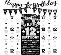 Decoración de 12 cumpleaños para niña y niño, 9 unidades, color negro y plateado, Happy 12th Birthday Background Banderas Triangle Number 12 Circle Dot Twinkle Star Garland für Sie 12 Jahre Party