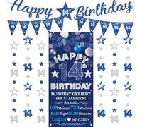 Decoración de 14 cumpleaños para niña y niño - 9 unidades azul plata Happy 14th Birthday Background banderas triangulares número 14 círculos punto Twinkle Star Garland para él 14 años decoración de