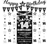 Decoración de 14 cumpleaños para niña y niño, 9 unidades, color negro y plateado, Happy 14th Birthday Background Banderas Triangle Number 14 Circle Dot Twinkle Star Garland Für Sie 14 Jahre Party