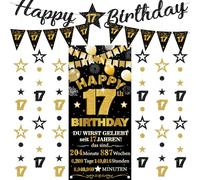 Decoración de 17 cumpleaños para niña y niño, 9 unidades, color negro y dorado, Happy 17th Birthday Background Banderas Triangle Number 17 Circle Dot Twinkle Star Garland für Sie 17 Jahre Party