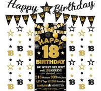 Decoración de 18 cumpleaños hombre mujer - 9 unidades negro dorado feliz 18 cumpleaños banderas triángulos número 18 círculos puntos Twinkle Star Garland para hombres mujeres 18 años decoración de
