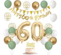 Decoración de 60 Cumpleaños Verde Salvia - Bandera, Guirnalda, Adorno de Tarta y Globos de Fiesta Blancos y Verdes