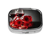 Decoración de amantes románticos de rosa roja y vino, Pastillero cuadrado para bolsillo o monedero, pequeño contenedor de pastillas, organizador de pastillas de viaje