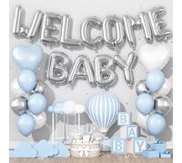 Decoración de baby shower azul claro y plateado para niño, pancarta de globo de aluminio con texto en inglés "Welcome" Baby Boy" con látex azul pastel y globo de corazón para fiesta de género de bebé
