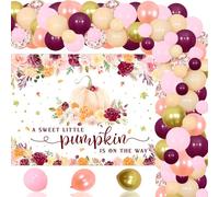 Decoración de baby shower de calabaza, color rojo borgoña, con texto en inglés "A Little Pumpkin Is on the Way", telón de fondo de fotografía floral, guirnalda de globos, kit de arco para otoño, baby