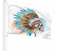 Decoración de bandera de calavera, 3 x 5 pies, tribal, étnica, cabeza, pluma, tocado, vintage, cultura tradicional, guerra, poliéster, patrón impreso, decoración al aire libre para hogares y jardine