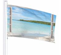 Decoración de bandera de paisaje marino de verano, ventana abierta de 3 x 5 pies, vistas al mar, viajes, playa, cielo azul, poliéster, patrón impreso, decoración al aire libre para hogares y jardine