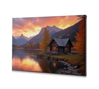 Decoración de baño Autumn Serenity: Cabin By The Lake At Sunset Lienzo decorativo para Cuartos Decoración de baño (40 x 60 cm)