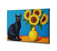 Decoración de baño con diseño de gato negro sentado junto a un jarrón amarillo lleno de girasoles. Lienzo decorativo para decoración de Pascua, decoración de dormitorio (20 x 30 cm)