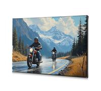 Decoración de baño con diseño de motociclistas en una carretera mojada frente a montañas nevadas. Lienzo decorativo para decoración de Pascua, decoración de dormitorio (40 x 60 cm)