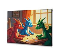 Decoración de baño con tres dragones jugando a las cartas junto a la ventana. Lienzo decorativo para decoración de Pascua, decoración de dormitorio (30 x 40 cm)