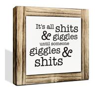 Decoración de baño, letrero divertido con texto en inglés "Shits and Giggles", letrero de madera, letrero de escritorio, placa con citas de inodoro, decoración de baño, decoración de granja para