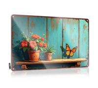 Decoración de bar deportivo, mariposa monarca descansando en un estante de madera con flores en maceta, letrero divertido de estaño, letreros de estaño vintage (30 x 40 cm)