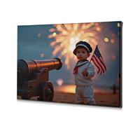 Decoración de bautismo con un niño en un traje de marinero sostiene una bandera estadounidense con fuegos artificiales en el fondo. Lienzo decorativo para decoración de sala de estar, decoración