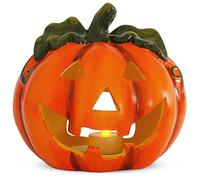 Decoración de calabaza como decoración de Halloween de cerámica, juego de luces LED en 18 x 17 cm - Jack Lantern calabaza como decoración de Halloween iluminada al aire libre - Farol de calabaza como