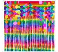 Decoración de Carnaval con Cortinas de Tira Metálica, 2 Paquetes de Cortinas de Foil Arcoíris, 2 Paquetes de Guirnaldas de Globos y 2 Paquetes de Círculos de Colores, Ideal para Fiesta de Carnava