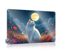 Decoración de casa de lago, decoración de pared, un gato blanco se sienta en un campo de flores bajo una luna llena, hippie para casa de granja (30 x 40 cm)