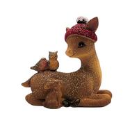 Decoración de Ciervo, Reno Decorativo, Ciervo con Gorro de Invierno, Figura de Ciervo, Figura de Reno, Ciervo con Purpurina Dorada, pájaro, búho y Conejo de cerámica en marrón; 10 x 5 x 10 cm.