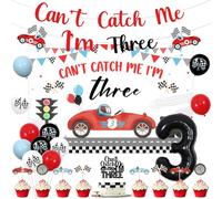 Decoración de coche de carreras de 3er cumpleaños para niño no me atrapa soy tres, telón de fondo vintage con purpurina roja, pancarta retro de carreras para pasteles, decoración de cupcakes para
