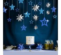 Decoración de colores, destellos metálicos, anillos de estrellas 3D plateadas, patrones de estrellas parpadeantes.