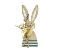 Decoración de conejos de madera - Bunny de pie de Pascua, decoración primaveral de la granja rústica con ramo | Centro de mesa de conejito de pie de madera con conejos, signo de bloque, art